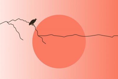 Vector illustration of abstract landscape with sun and vulture bird on rock