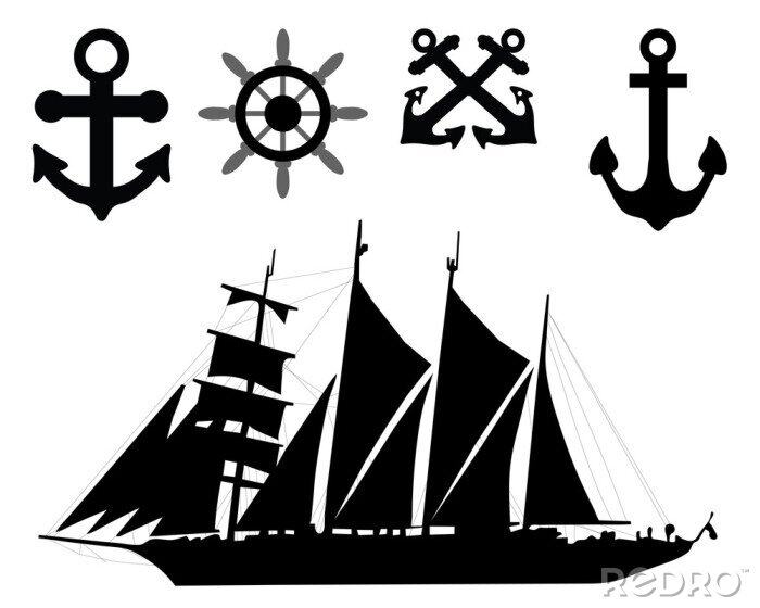 Sticker  Vector  illustration of  anchors, rudders and sailboat