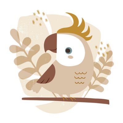 Sticker  Vector illustration of cute cockatoo parrot with botanical background in trendy earthy colors.