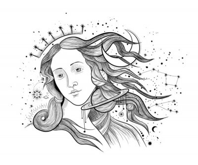 Sticker  Vector illustration set of moon phases. Different stages of moonlight activity in vintage engraving style. Zodiac Signs