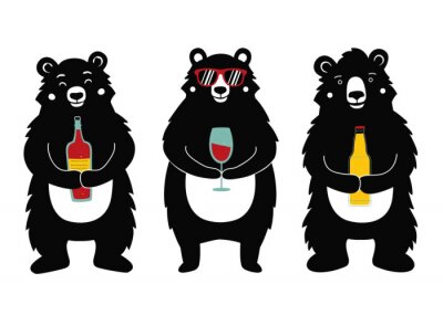 Sticker  Vector illustration with bears holding drinks - wine bottle, red wine glass and beer.