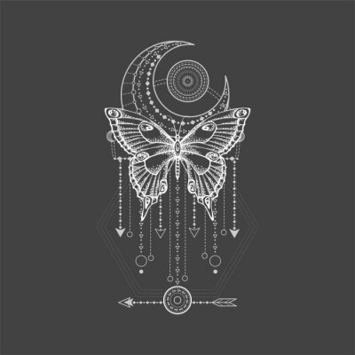 Sticker  Vector illustration with hand drawn butterfly and Sacred geometric symbol on black background. Abstract mystic sign.