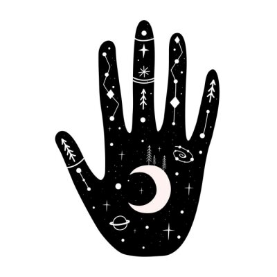 Sticker  Vector illustration with human hand, crescent, pine trees, saturn, stars.