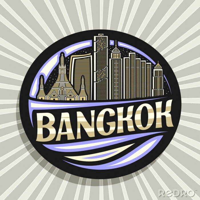 Sticker  Vector logo for Bangkok, black decorative badge with outline illustration of famous bangkok city scape on evening sky background, art design tourist fridge magnet with unique letters for word bangkok.