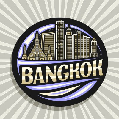 Sticker  Vector logo for Bangkok, black decorative badge with outline illustration of famous bangkok city scape on evening sky background, art design tourist fridge magnet with unique letters for word bangkok.