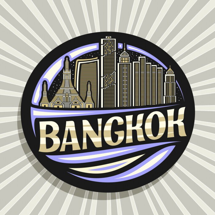 Sticker  Vector logo for Bangkok, black decorative badge with outline illustration of famous bangkok city scape on evening sky background, art design tourist fridge magnet with unique letters for word bangkok.