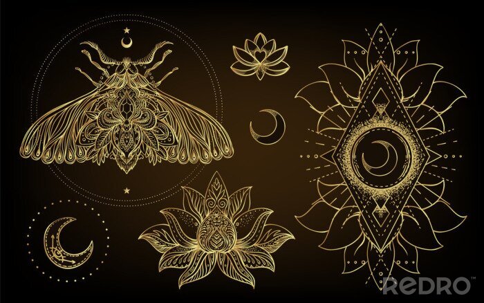 Sticker  Vector ornamental Lotus flower, ethnic art, patterned Indian paisley. Hand drawn illustration isolated. Invitation. Golden stickers, flash temporary tattoo, mehndi symbol. Gold gradient over black.