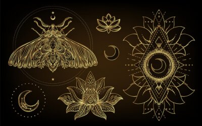 Sticker  Vector ornamental Lotus flower, ethnic art, patterned Indian paisley. Hand drawn illustration isolated. Invitation. Golden stickers, flash temporary tattoo, mehndi symbol. Gold gradient over black.