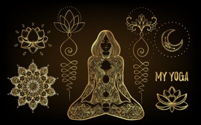 Sticker  Vector ornamental Lotus flower, ethnic art, patterned Indian paisley. Hand drawn illustration isolated. Invitation. Golden stickers, flash temporary tattoo, mehndi symbol. Gold gradient over black.