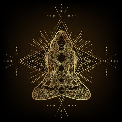 Sticker  Vector ornamental Lotus flower, ethnic art, patterned Indian paisley. Hand drawn illustration isolated. Invitation. Golden stickers, flash temporary tattoo, mehndi symbol. Gold gradient over black.