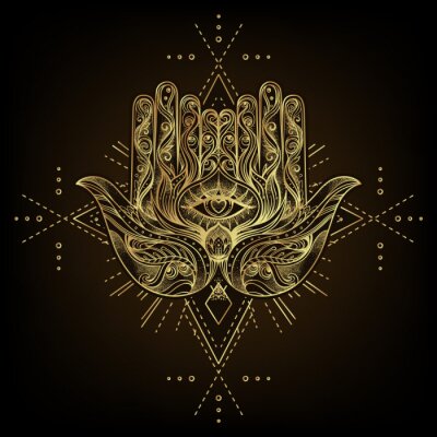 Sticker  Vector ornamental Lotus flower, ethnic art, patterned Indian paisley. Hand drawn illustration isolated. Invitation. Golden stickers, flash temporary tattoo, mehndi symbol. Gold gradient over black.