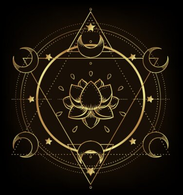 Sticker  Vector ornamental Lotus flower, ethnic art, patterned Indian paisley. Hand drawn illustration isolated. Invitation. Golden stickers, flash temporary tattoo, mehndi symbol. Gold gradient over black.