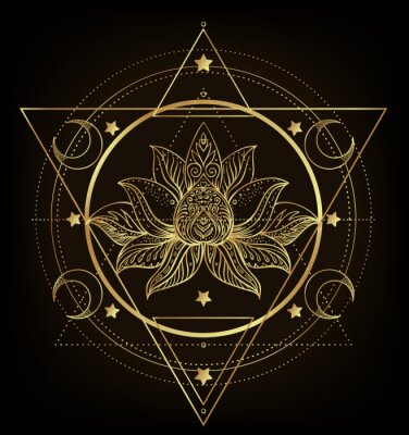 Sticker  Vector ornamental Lotus flower, ethnic art, patterned Indian paisley. Hand drawn illustration isolated. Invitation. Golden stickers, flash temporary tattoo, mehndi symbol. Gold gradient over black.