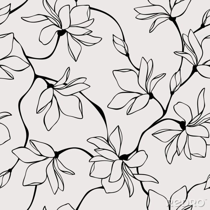 Sticker  Vector seamless floral pattern with magnolia flowers. Line art illustration.