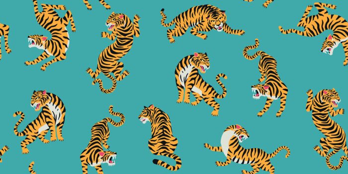 Sticker  Vector seamless pattern with cute tigers on background. Fashionable fabric design.