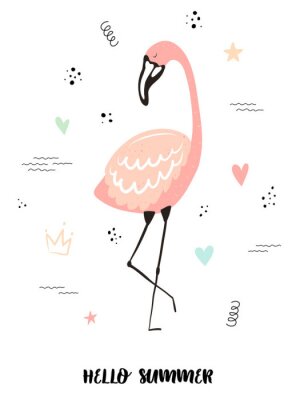 Sticker  Vector tropical illustration of a cute flamingo with hearts, stars, dots, waves. Hand-drawn exotic poster for kids, holidays, clothes, decor, textile, fabric, cards. Hello summer