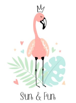 Sticker  Vector tropical illustration of a flamingo in the crown with monstera, leaf, hearts, stars. Hand-drawn summer exotic poster for kids, holidays, clothes, decor, textile, fabric, card. Sun and Fun
