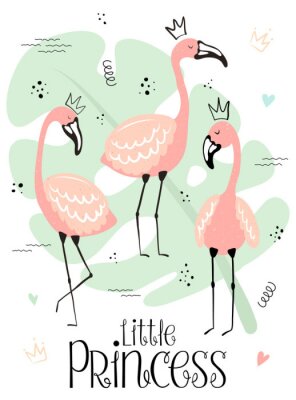 Sticker  Vector tropical illustration of cute flamingos in the crown on the monstera background. Hand-drawn summer exotic poster for kids, holidays, clothes, decor, textile, fabric, card. Little Princess