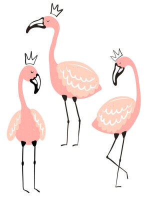 Sticker  Vector tropical illustration of cute isolated flamingos in the crown. Hand-drawn summer exotic poster for kids, holidays, clothes, decor, textile, fabric, card.