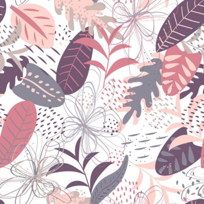 Vector tropical seamless pattern in pastel pink and lilac colors. Elegant tropical background. Seamless texture with floral ornament for fabric, wallpaper, cover and more