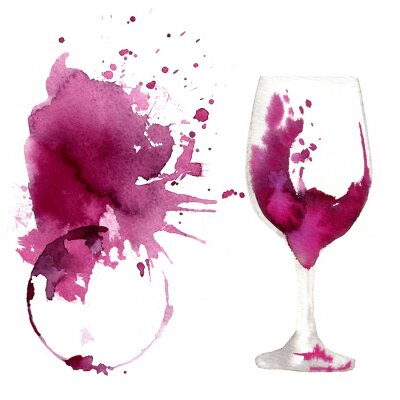 Sticker  Verre à vin peint avec des aquarelles sur fond blanc. Étude d'un verre de vin. Vin rouge. Résumé marques et taches sur le verre. Couleur Marsala