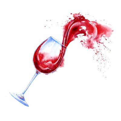 Sticker  Verre d'un vin rouge et des éclaboussures. Image d'une boisson alcoolisée. Illustration aquarelle dessinés à la main. Fond blanc.