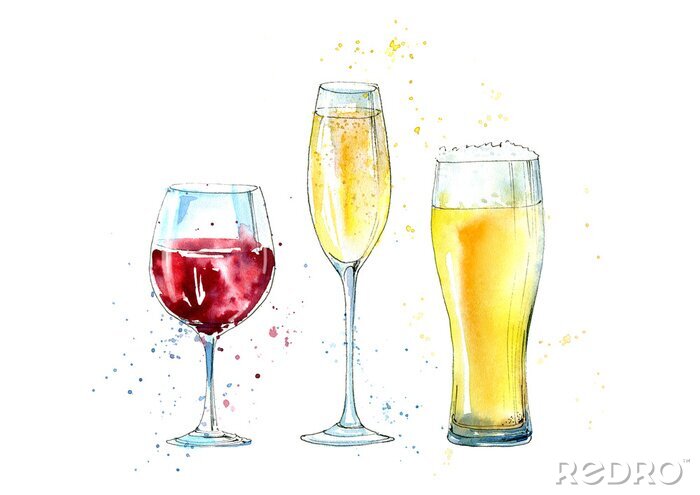 Sticker  Verre de champagne, bière et vin. Image d'une boisson alcoolisée.