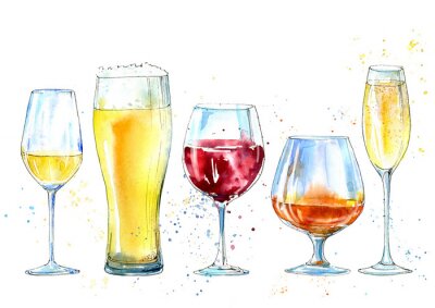 Sticker  Verre de champagne, cognac, vin, bière. Photo d'une boisson alcoolisée. Illustration dessinée à la main à la main.