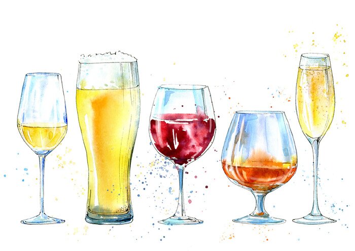 Sticker  Verre de champagne, cognac, vin, bière. Photo d'une boisson alcoolisée. Illustration dessinée à la main à la main.