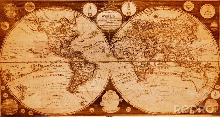 Sticker  vieille carte en bois de la terre hémisphères Nord et Sud