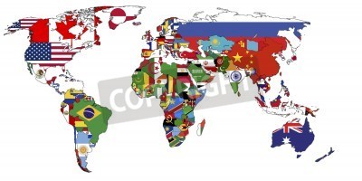 Sticker  vieille carte politique du monde avec les drapeaux des pays