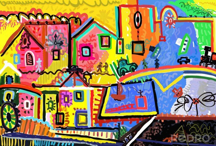 Sticker  Village abstrait coloré version peinture