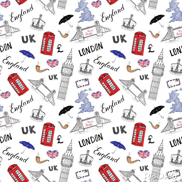Sticker  Ville, ville, doodles, éléments, seamless, modèle Avec la main tiré pont de la tour, la couronne, big ben, bus rouge, carte du Royaume-Uni, drapeau, et le lettrage, illustration vectorielle isolé