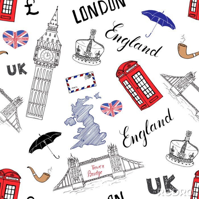 Sticker  Ville, ville, doodles, éléments, seamless, modèle Avec la main tiré pont de la tour, la couronne, grand ben, bus rouge, carte du Royaume-Uni, drapeau, et le lettrage, illustration vectorielle isolé