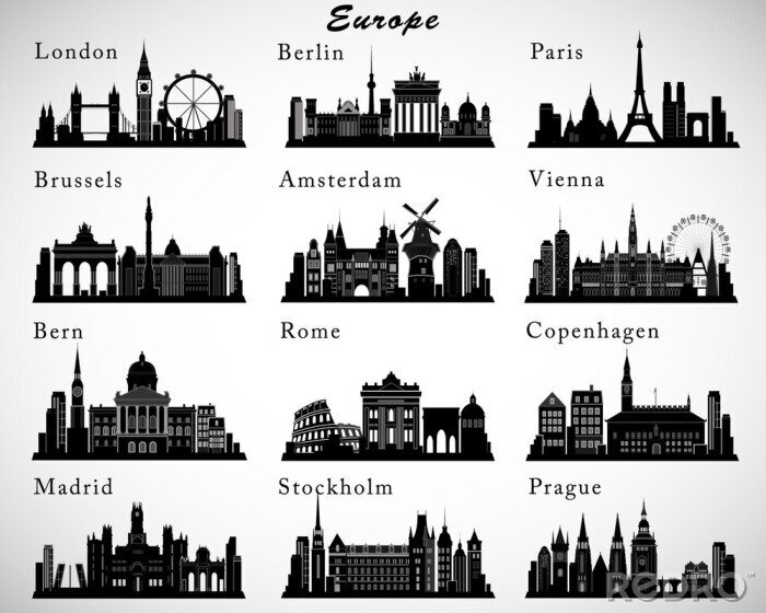 Sticker  Villes européennes horizons fixés. Vector silhouettes