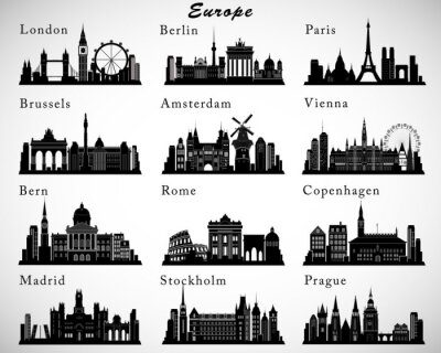 Sticker  Villes européennes horizons fixés. Vector silhouettes