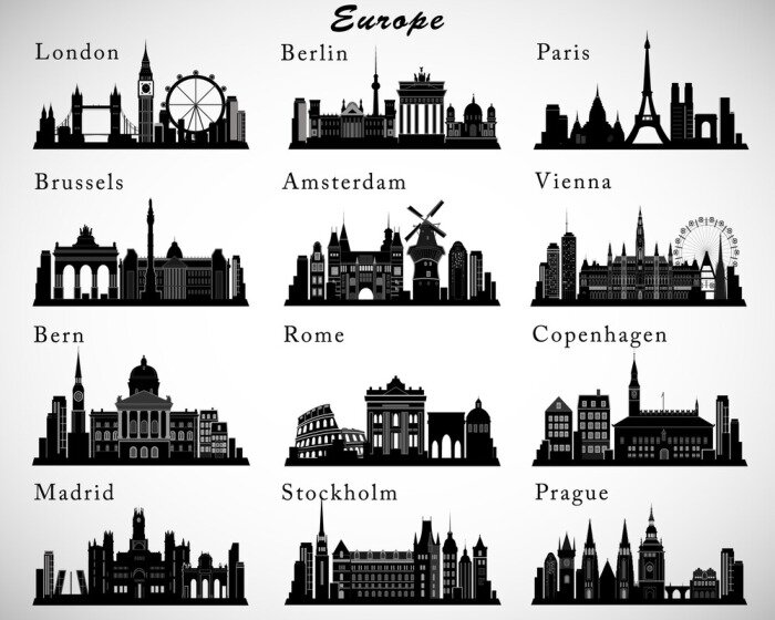 Sticker  Villes européennes horizons fixés. Vector silhouettes