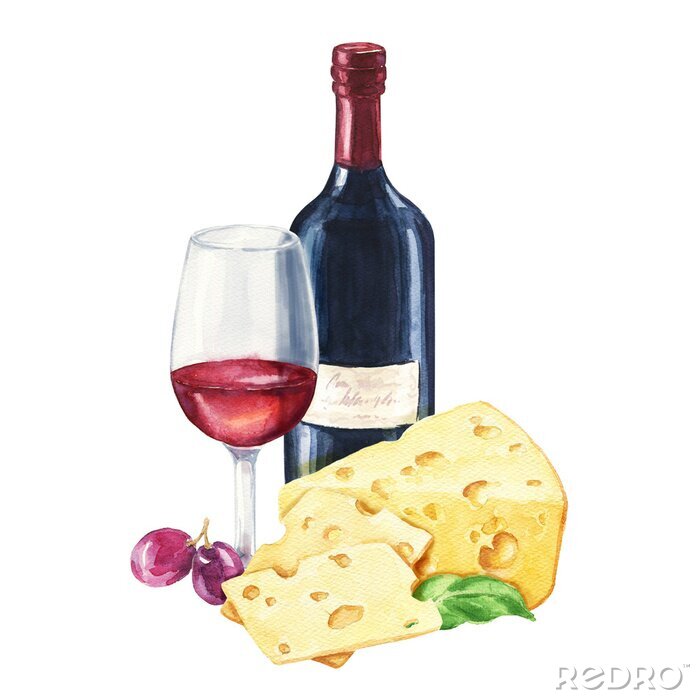 Sticker  Vin rouge aquarelle dessiné à la main avec bouteille et verre et composition du fromage. Illustration de la nourriture délicieuse isolée sur fond blanc.