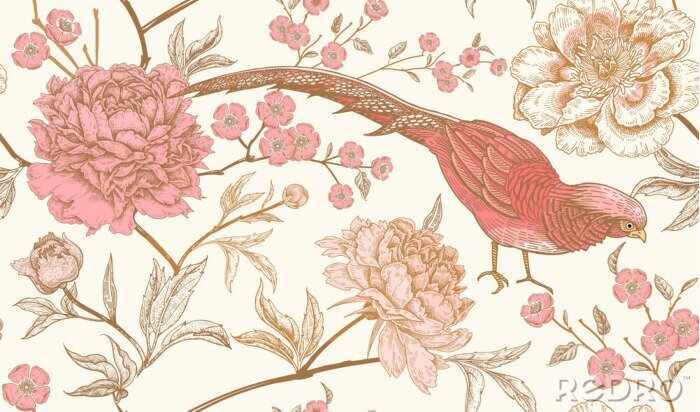 Sticker  Vintage avec des oiseaux roses et des fleurs