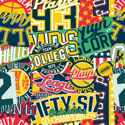 Vintage college sporting labels patchwork  abstract vector seamless pattern