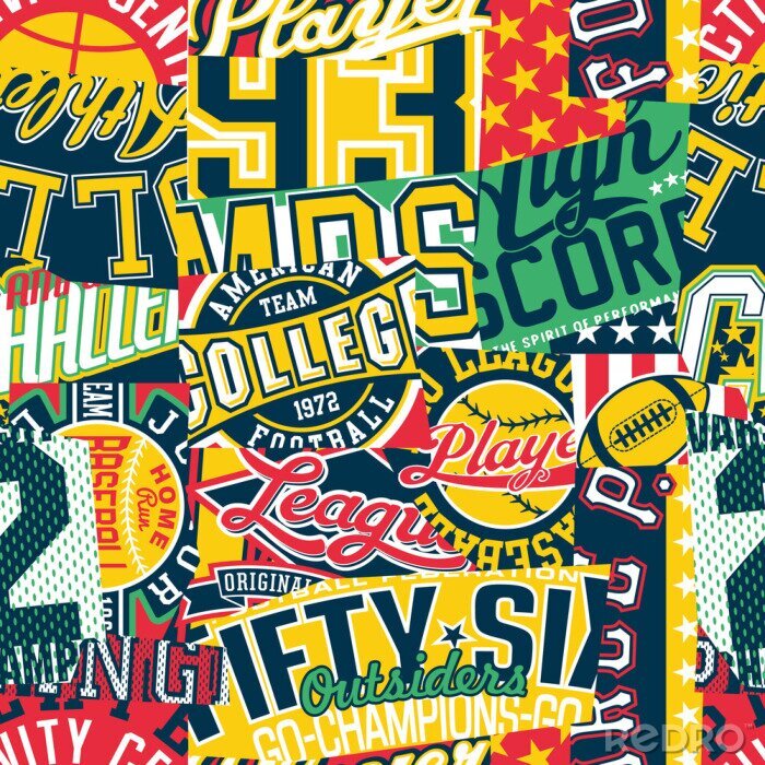 Sticker  Vintage college sporting labels patchwork  abstract vector seamless pattern