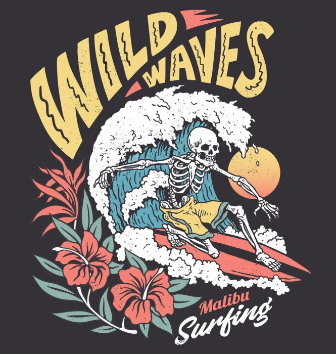 Sticker  Vintage graphic of a surfing skeleton with hibiscus flowers