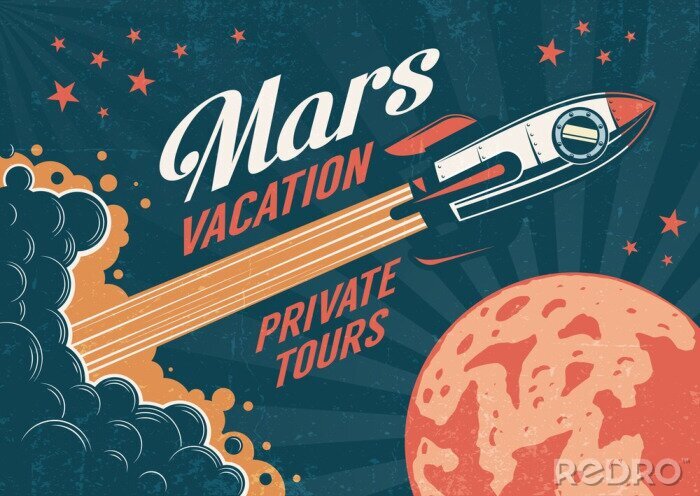 Sticker  Vintage poster - fusée vole vers la planète Mars. Texture usée sur un calque séparé.