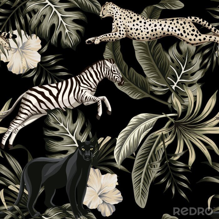 Sticker  Vintage tropical floral leaves , hibiscus flower, black panther, zebra, cheetah running wildlife animal floral seamless pattern black background. Exotic safari night wallpaper.