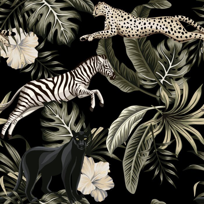 Sticker  Vintage tropical floral leaves , hibiscus flower, black panther, zebra, cheetah running wildlife animal floral seamless pattern black background. Exotic safari night wallpaper.