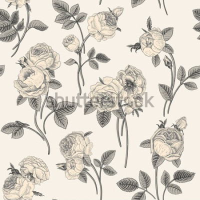 Sticker  Vintage vector seamless pattern with bouquets of flowers blooming garden Victorian roses. Gray white flowers with gray leaves on a light gray background. Classic.