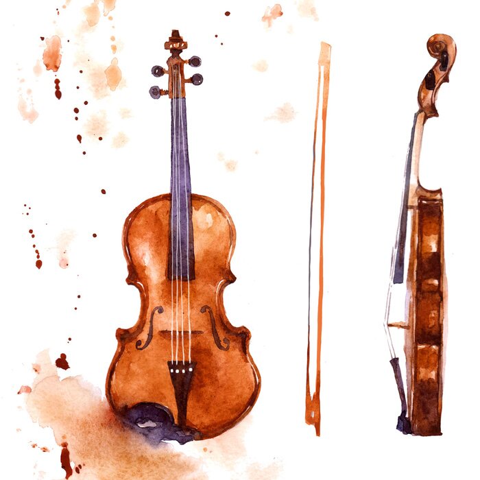 Sticker  Violine. Music instrument watercolor illustration on white background
