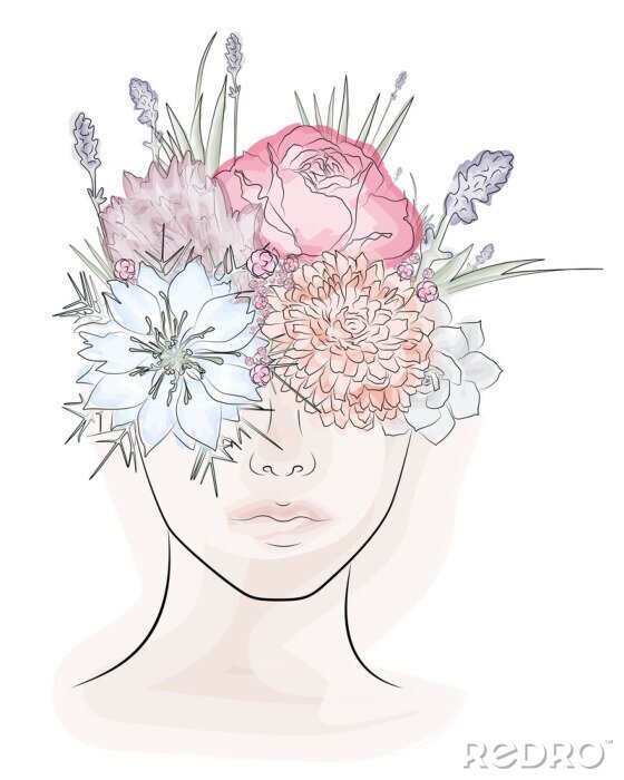 Sticker  Visage abstrait avec des fleurs aquarellées