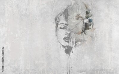 Visage de Femme avec une Fleur sur un Fond en Béton