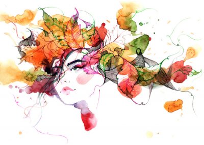 Sticker  Visage féminin et feuilles d'automne